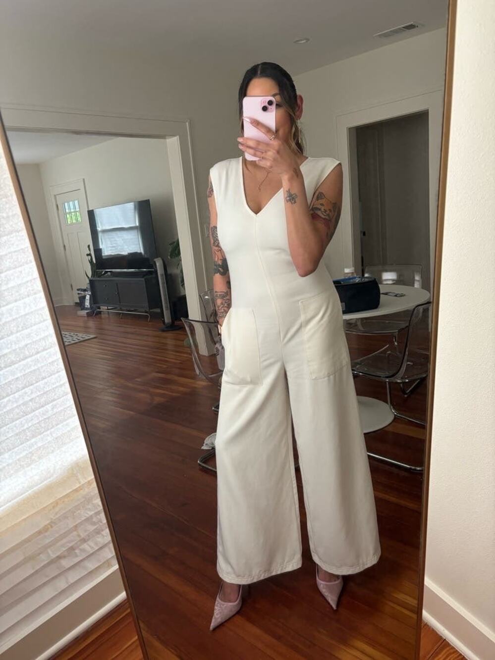 MARINA MOSCONE COLLECTIVE White Twill V-Neck Sleeveless Jumpsuit Size 2